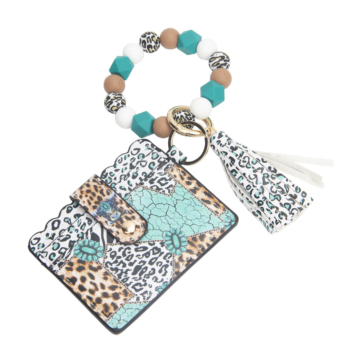 Wholesale Leopard Print Sunflower Card Holder Tassel Silicone Beaded Wrist Keychain